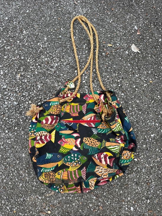 Vintage Handbags - Made in India 100% cotton Fish Print Drawstring Beach Tote Bag XXL